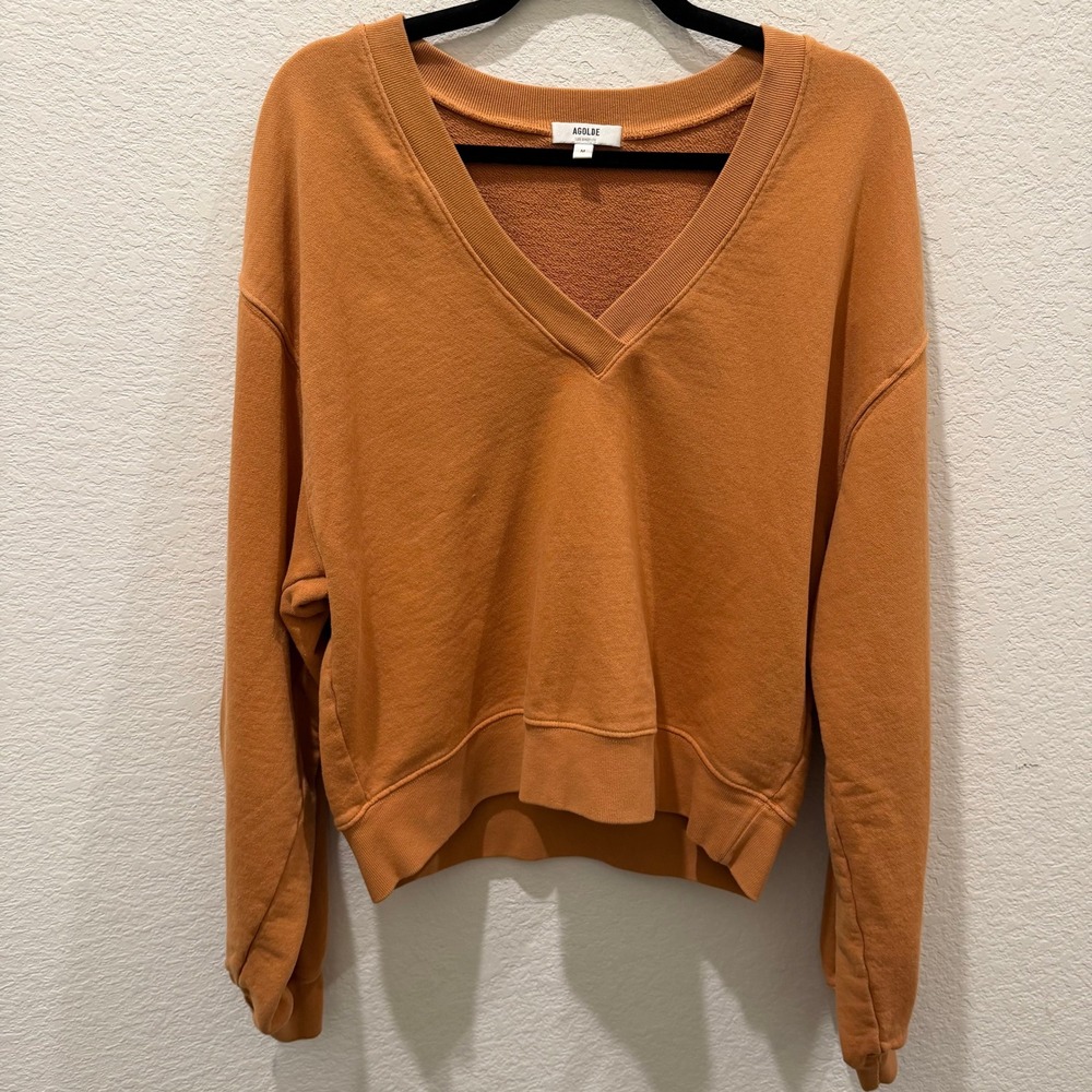 AGOLDE V-Neck Sweatshirt Burnt Orange French Terry Pullover Top Size M